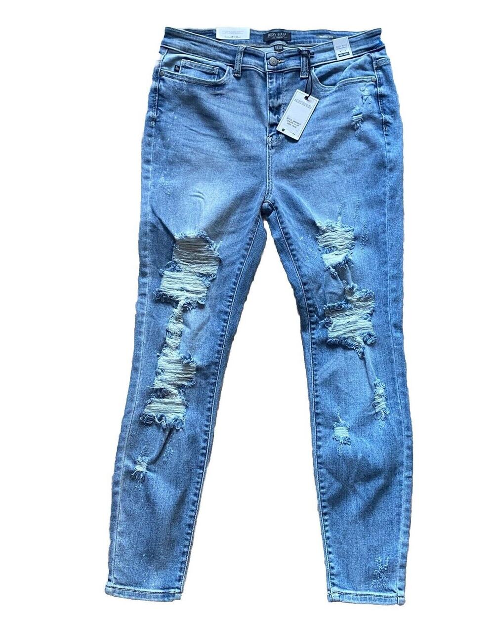 JUDY BLUE Jeans SIZE 15 / 32 High Waist SKINNY FIT Destroyed Raw Hem Stretch NWT